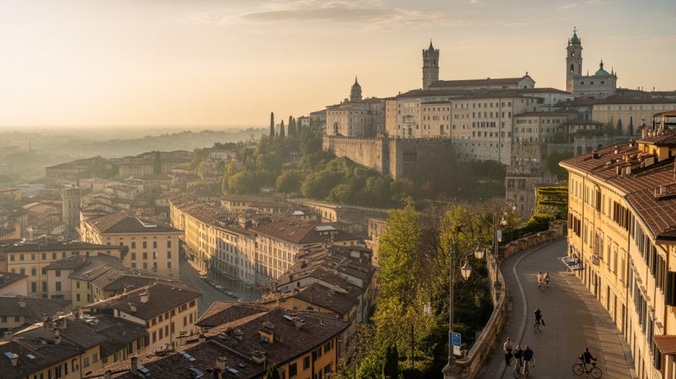 Vue panoramique de Bergame au lever ou coucher du soleil, montrant la Citta Alta fortifiee et la Citta Bassa moderne.