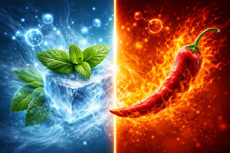 Illustration montrant un cube de glace avec de la menthe a gauche et un piment enflamme a droite.