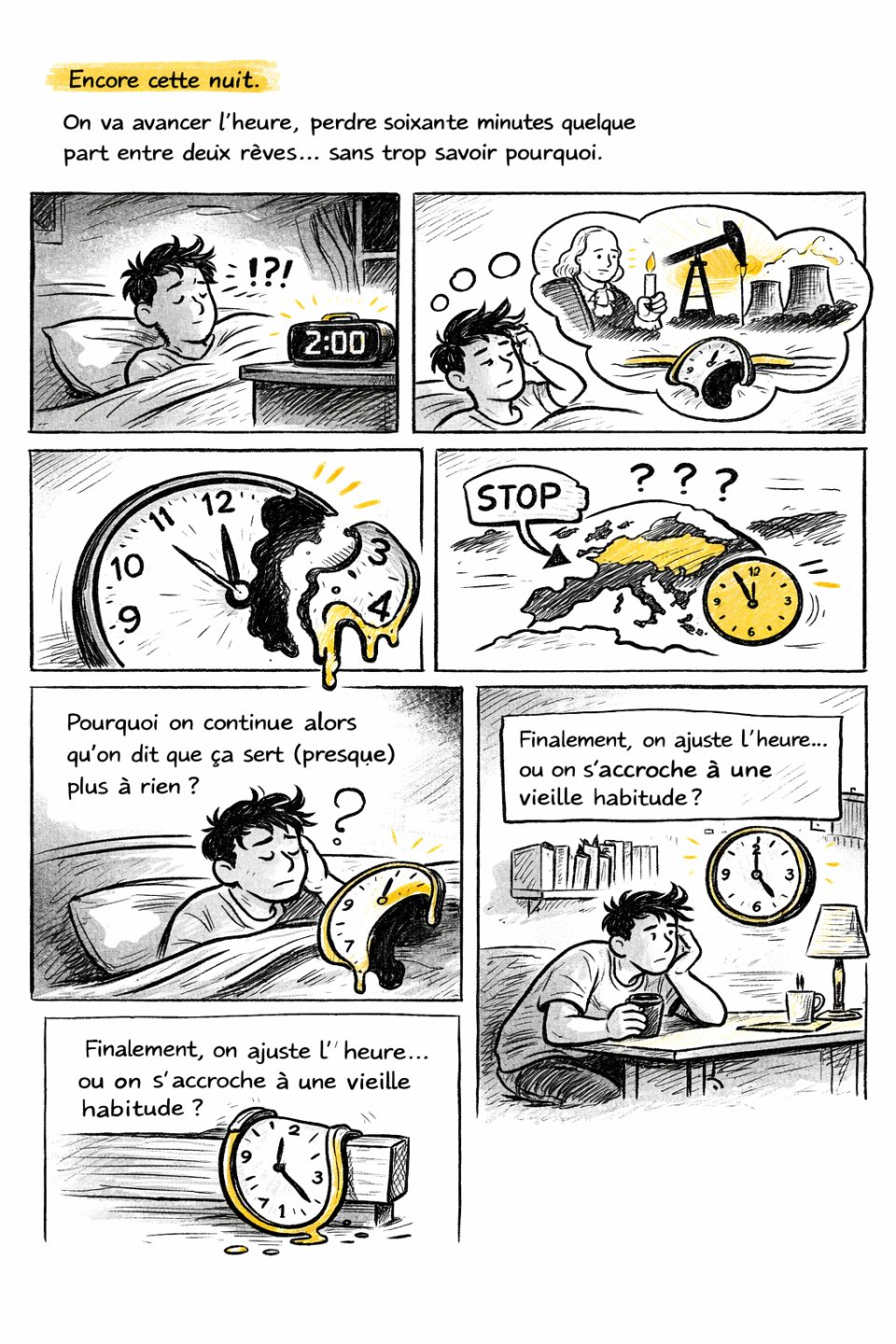 Illustration BD du changement d'heure et de ses impacts.