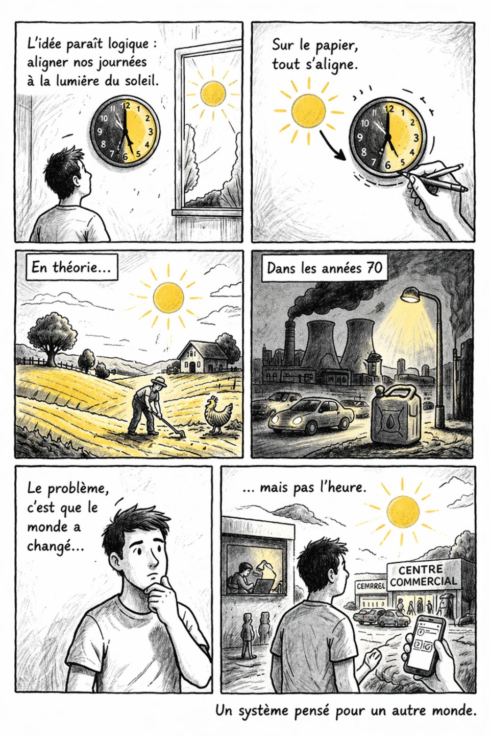 Illustration BD sur le decalage horaire et ses gains energetiques limites.