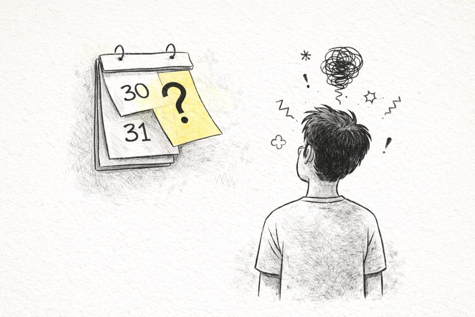 Calendrier et personnage perplexe illustrant la confusion autour du changement d'heure.