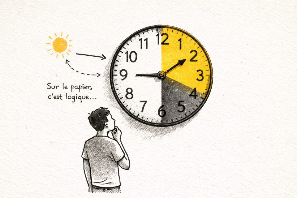 Un homme observe une horloge pour symboliser le decalage horaire et ses effets.