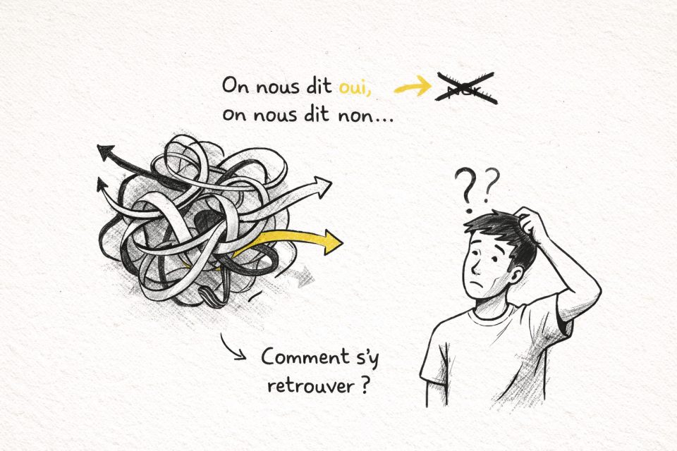 Illustration d'un homme perplexe face a des choix contradictoires sur le changement d'heure.