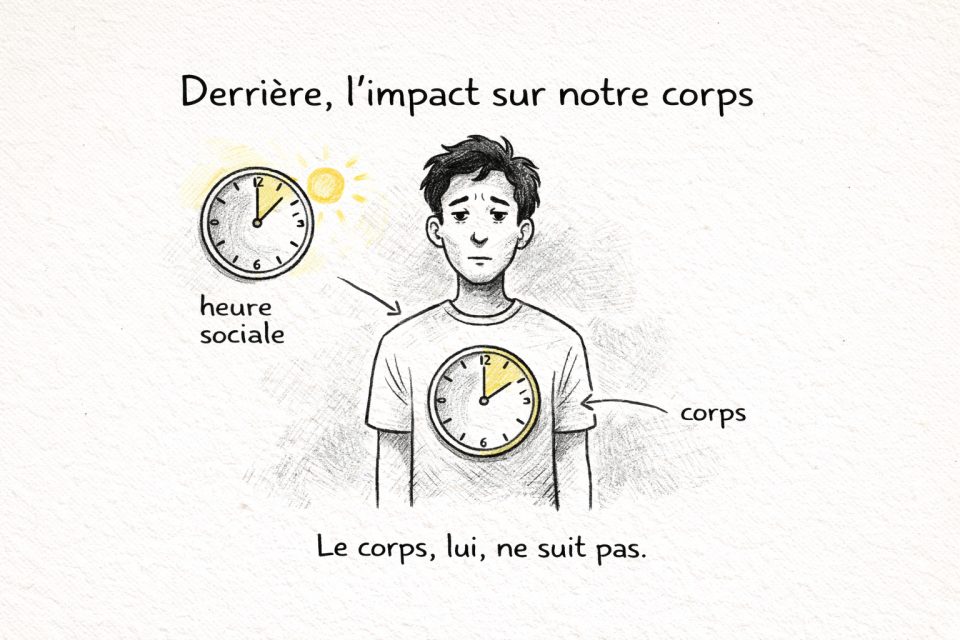 Illustration des effets du changement d'heure sur la fatigue et l'horloge biologique.