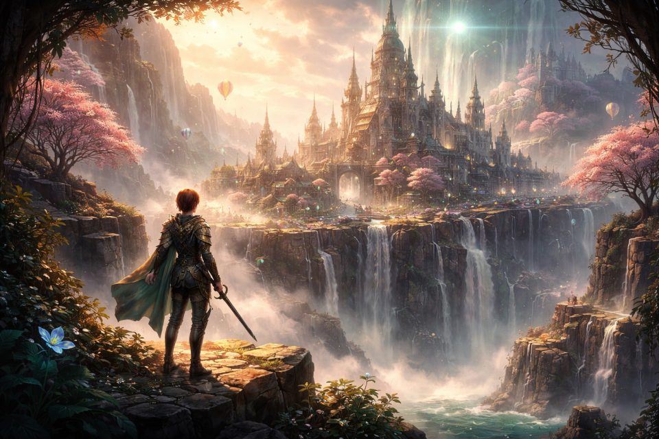 Personnage en armure devant une cité majestueuse, symbole d’un asset réutilisable et modulable dans un pipeline de production moderne.