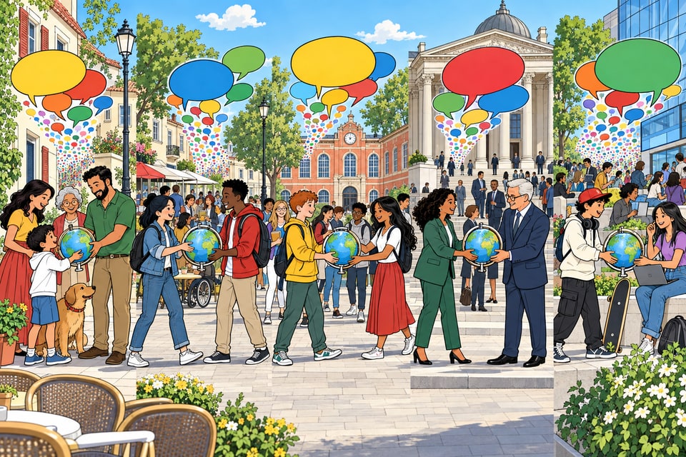 Panorama de bande dessinée montrant des groupes variés échangeant des globes sous des bulles colorées sans texte.