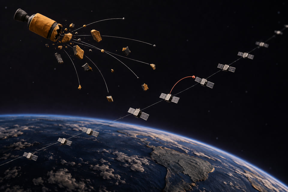 Diorama spatial montrant un étage de fusée fragmenté et une ligne de satellites dont l’un infléchit sa trajectoire.