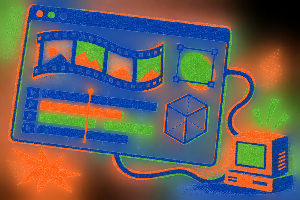 Risographie orange, bleue et verte montrant un atelier vidéo dans une fenêtre de navigateur reliée à un ordinateur local.