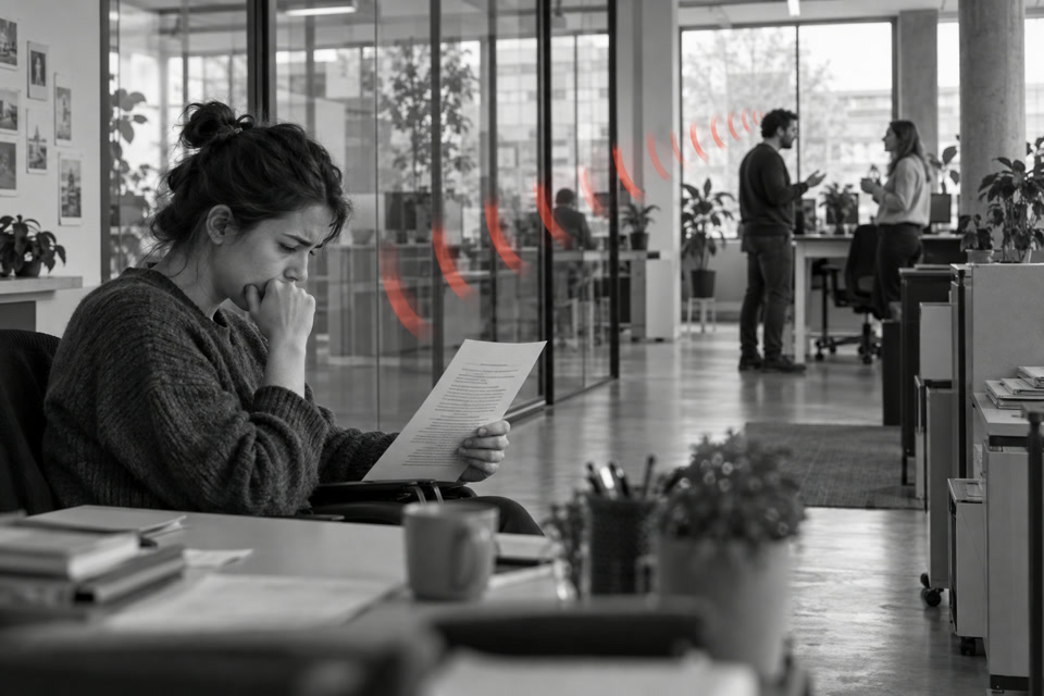 Photographie en noir et blanc d’une personne concentrée sur une feuille tandis qu’une conversation se propage au fond d’un open space.