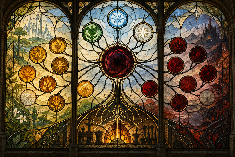 Vitrail Art nouveau montrant des cercles ambrés, rouges et bleus reliés à un grand anneau sombre central.