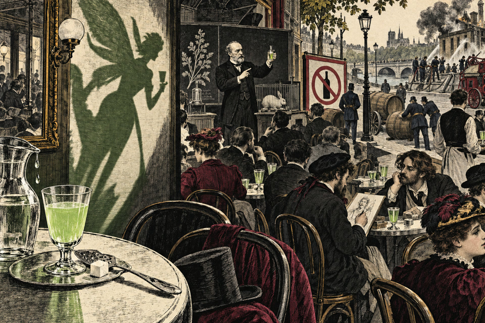 Gravure satirique colorisée d’un café parisien où l’ombre d’une fée verte domine un simple verre d’absinthe, entre médecin, artistes et campagne d’interdiction.