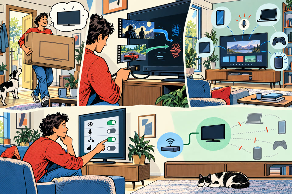 Bande dessinée montrant une télévision connectée reconnaître des contenus, découvrir les appareils du foyer puis être reconfigurée par son utilisateur.