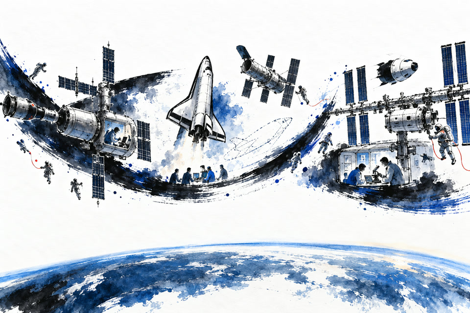 Lavis d’encre panoramique reliant Soyouz, Mir, une navette américaine et la Station spatiale internationale par une même trajectoire orbitale.