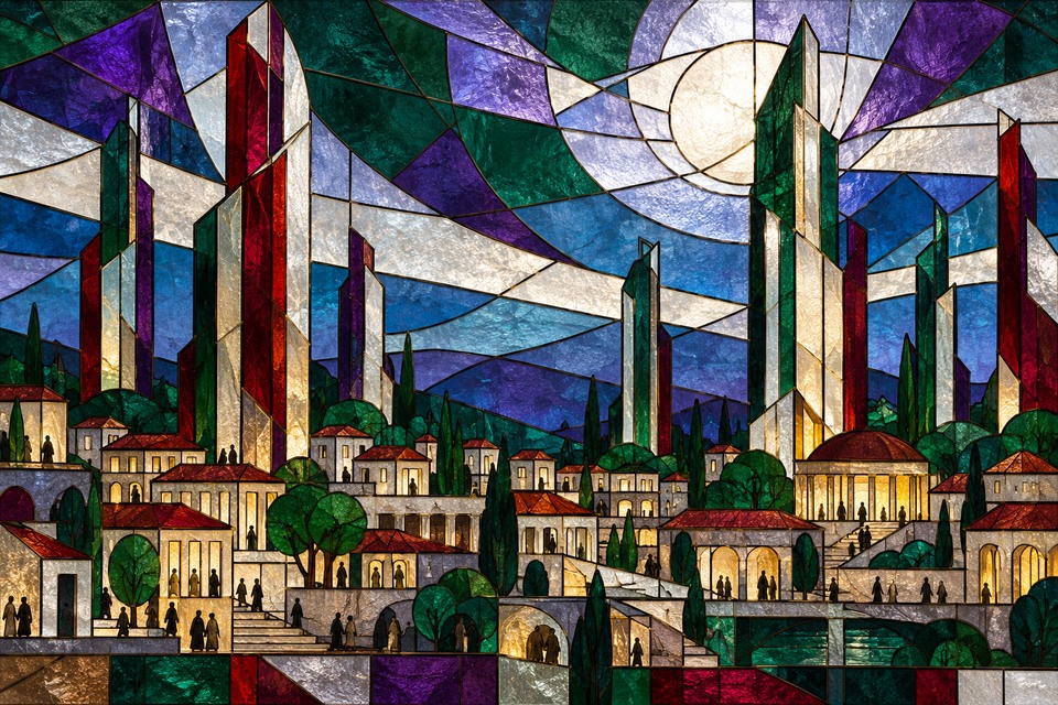 Vitrail contemporain d’une ville imaginaire, mêlant tours de hauteurs inégales, petites maisons et silhouettes anonymes.