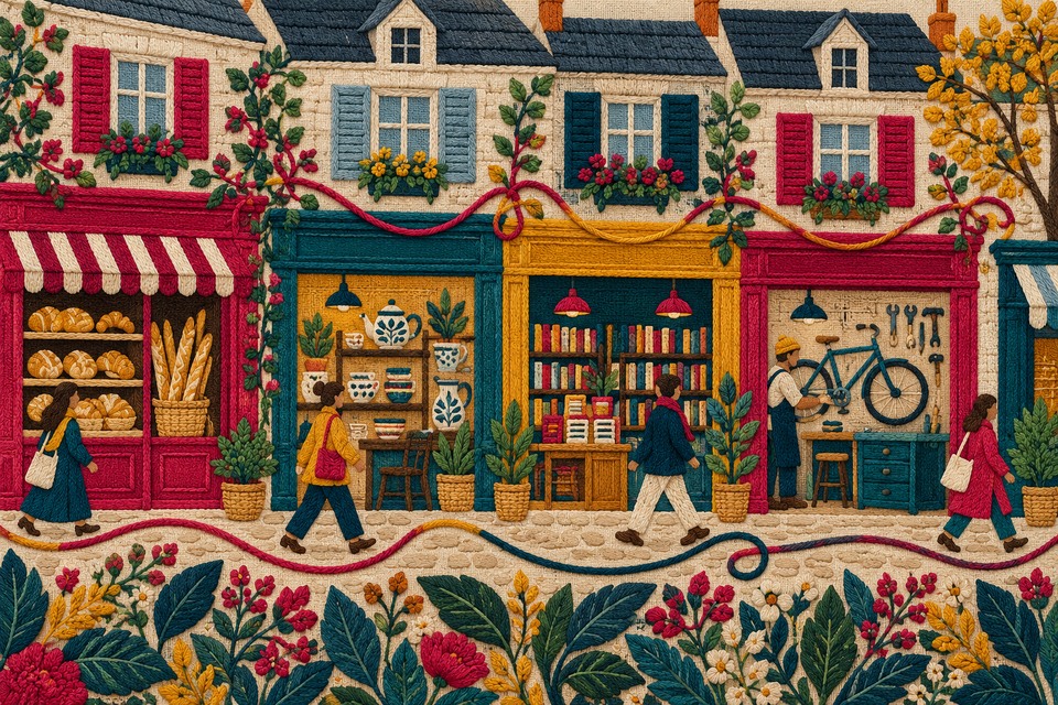 Illustration textile d’une rue commerçante imaginaire, avec des vitrines et des passants reliés par un chemin cousu.
