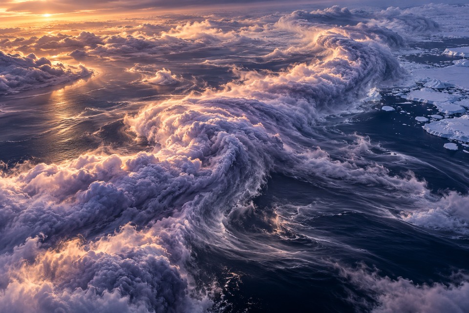 Illustration conceptuelle en 3D d’un long ruban de nuages au-dessus d’une mer sombre, vers des glaces fragmentées.