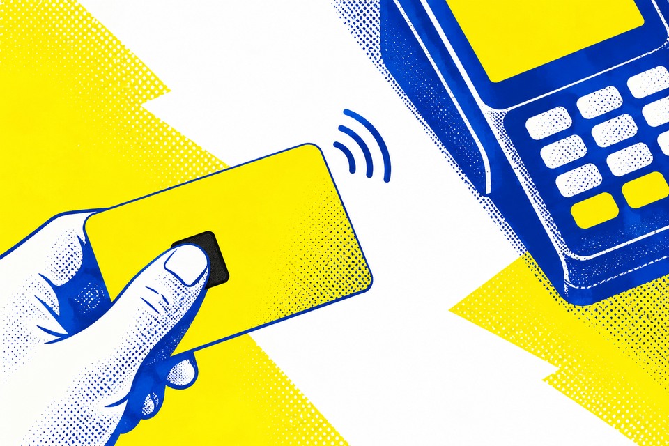 Illustration en sérigraphie bleue et jaune d’une main tenant une carte à capteur près d’un terminal de paiement.