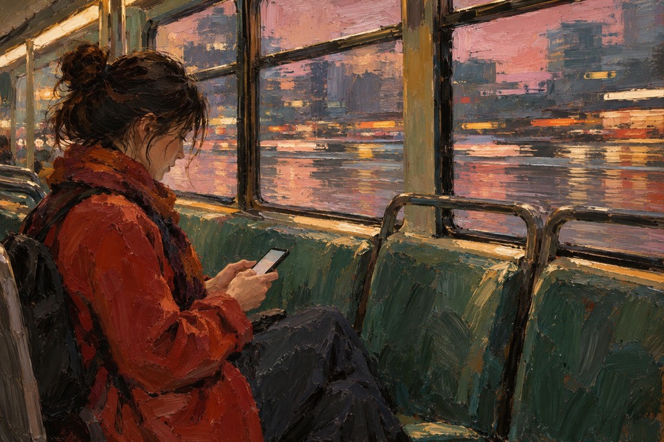 Peinture à l’huile d’une personne regardant son téléphone dans un tram, devant une longue fenêtre aux reflets de ville.