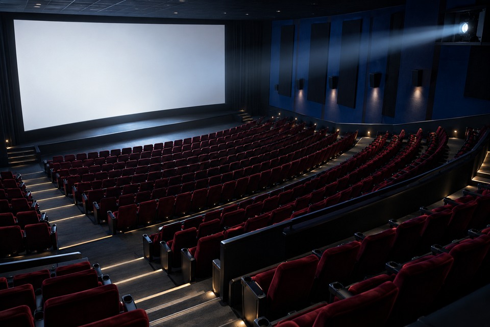 Salle de cinéma imaginaire vide, vue en plongée depuis l’arrière, avec fauteuils rouges et grand écran blanc.