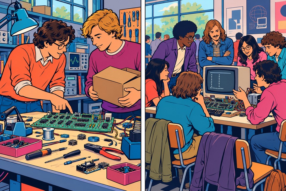Deux cases de bande dessinée : discussion devant un établi électronique et démonstration dans un club d’amateurs.
