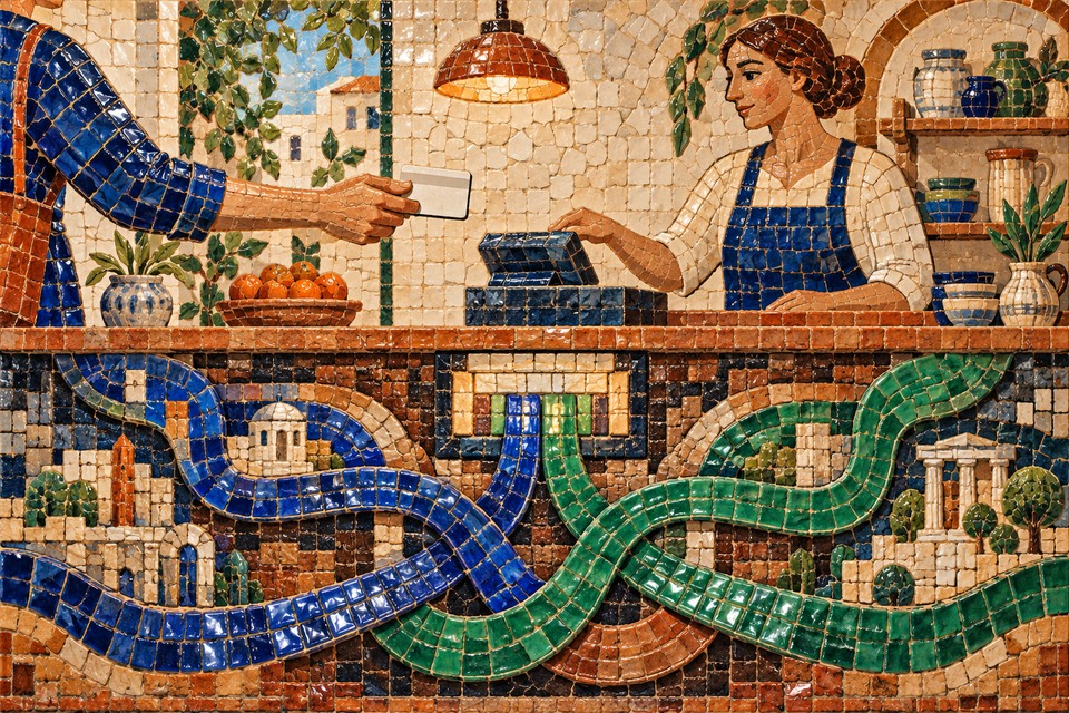 Mosaïque de céramique : un paiement au comptoir et deux bandes de carreaux évoquant des circuits distincts.