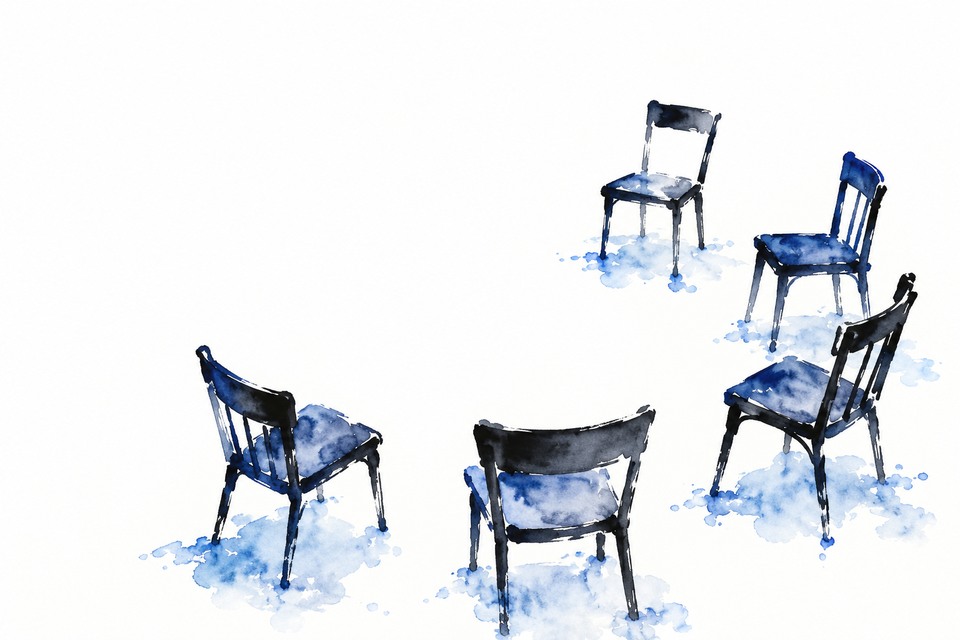 Lavis à l’encre noire et bleue : des chaises vides dessinent un cercle ouvert sur un grand espace blanc.