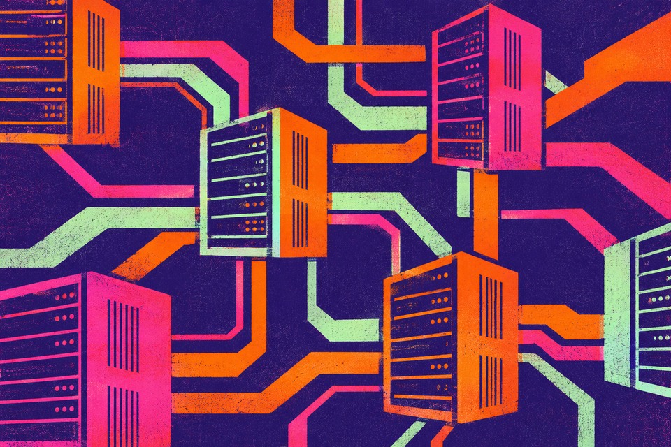 Composition graphique violette, orange et magenta évoquant des serveurs répartis et leurs connexions.