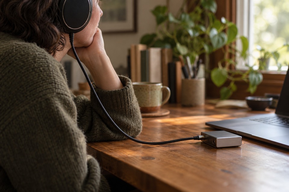 Personne au casque près d’un ordinateur portable et d’un petit boîtier audio sur un bureau éclairé par une fenêtre.