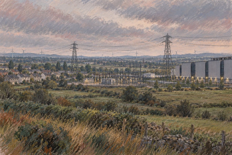 Paysage au pastel montrant des maisons, un poste électrique et un grand bâtiment de données sous des lignes à haute tension.