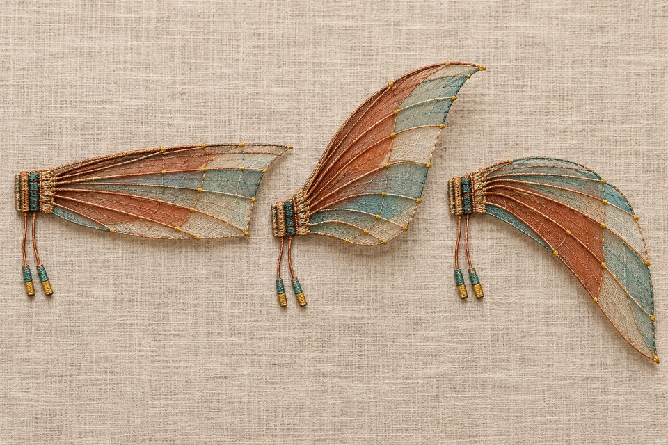 Trois ailes souples imaginaires brodées sur du lin, montrées avec des courbures différentes.