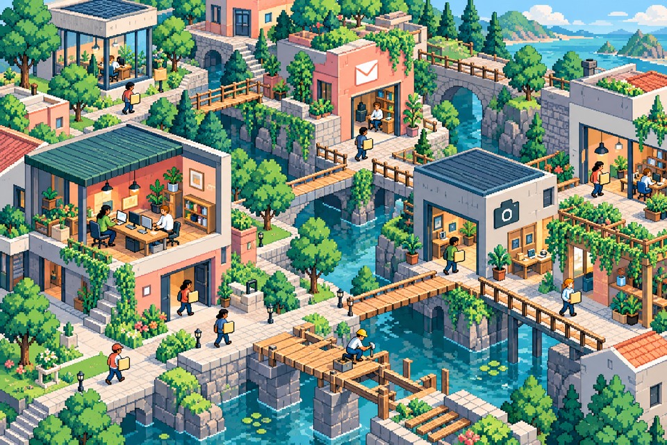 Quartier imaginaire en pixel art : des personnes transportent des documents entre plusieurs ateliers reliés par des passerelles.
