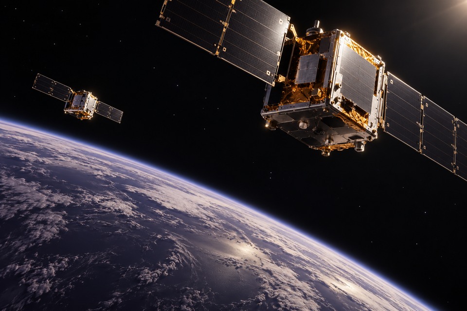 Deux petits satellites imaginaires, aux surfaces métalliques et panneaux sombres, au-dessus du bord courbe de la Terre.