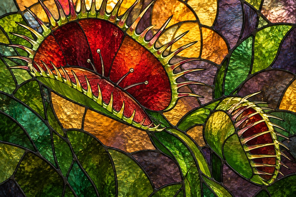 Vitrail imaginaire représentant une grande dionée ouverte et un piège fermé, en verre vert et rouge traversé de lumière ambrée.
