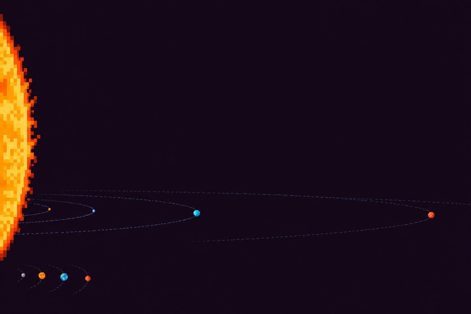 Illustration IA en pixel art : un Soleil recadré sur le bord, de petites planètes et un vaste espace sombre entre leurs trajectoires.