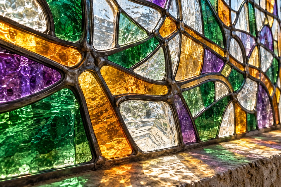 Illustration générée par IA : chemins ramifiés en vitrail vert, ambre et violet, éclairés par transparence.