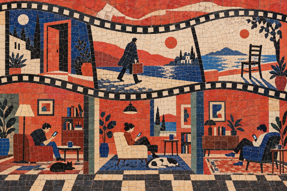 Illustration générée par IA : mosaïque mate de spectateurs avec un téléphone, sous une frise d’images de cinéma imaginaires.