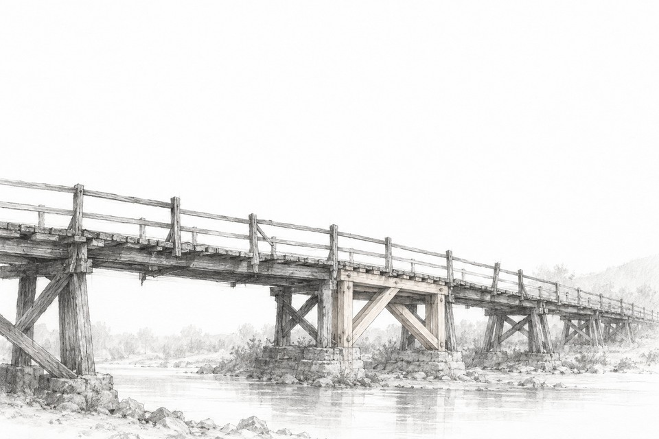 Illustration générée par IA au graphite : un pont ancien dont une portion reçoit des renforts, métaphore d’une réparation ciblée.
