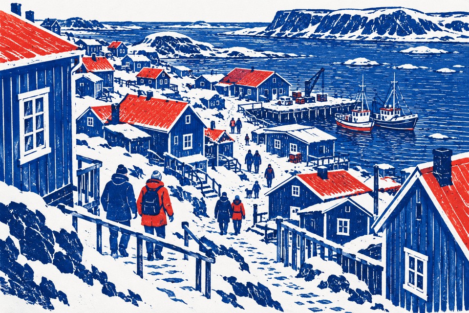 Illustration générée par IA en linogravure bleue et rouge : des habitants marchent entre les maisons d’un village côtier groenlandais imaginaire.