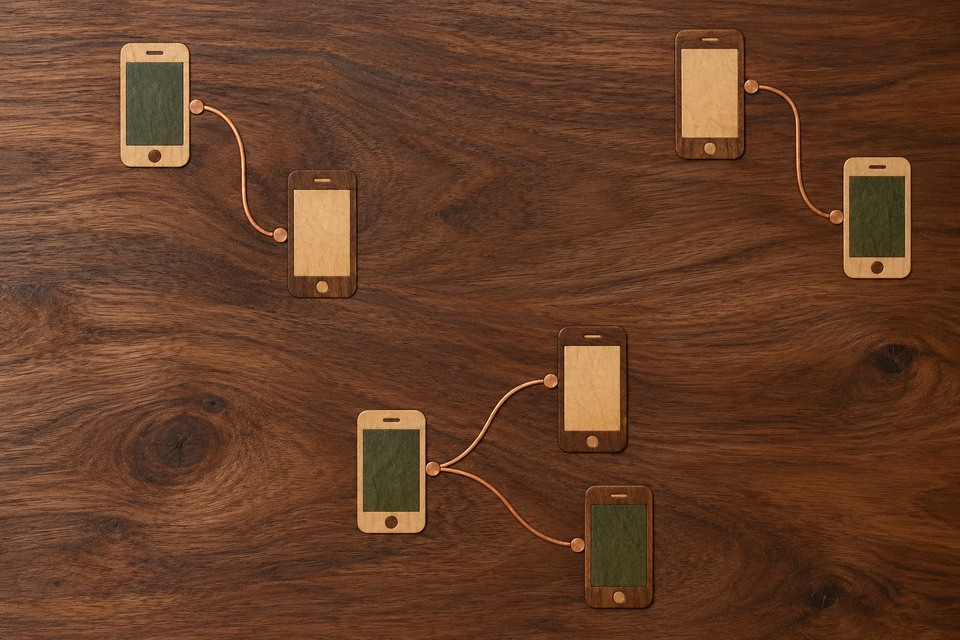 Illustration générée par IA : des téléphones en marqueterie forment trois petits groupes reliés, séparés par de larges espaces.
