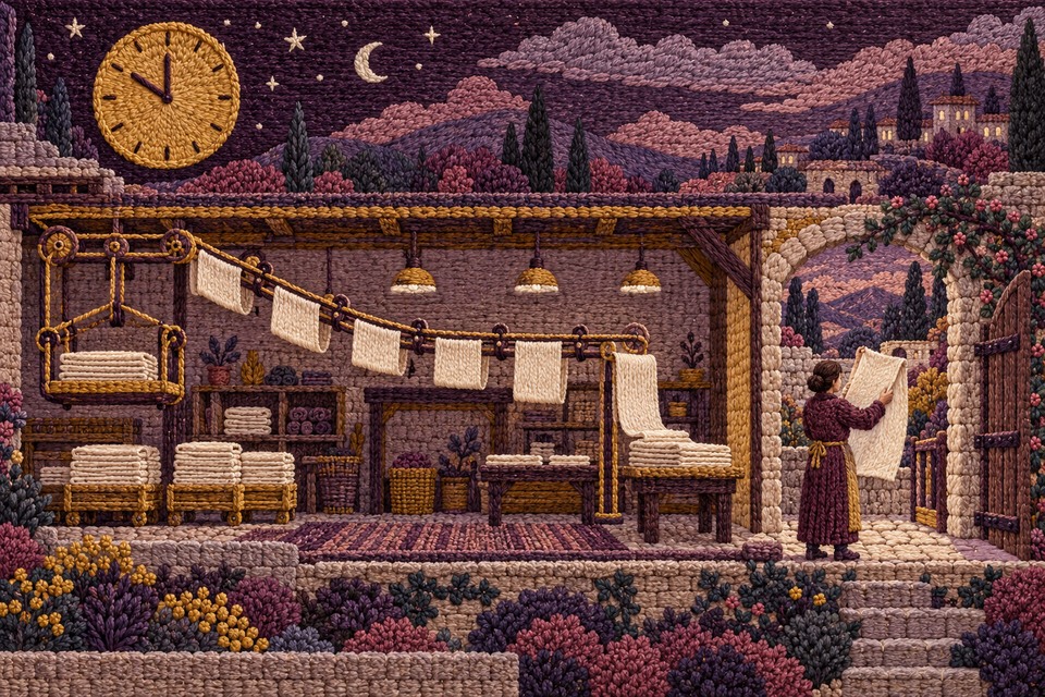 Illustration générée par IA : tapisserie brodée montrant une horloge, un atelier de nuit et une personne examinant une pièce de tissu.