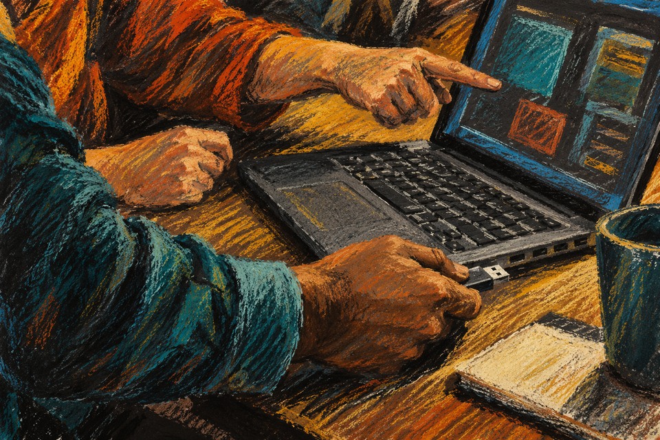 Illustration générée par IA : dessin au pastel de mains près d’un portable, l’une pointant vers l’écran et l’autre tenant un périphérique USB.