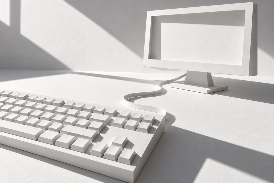 Illustration générée par IA : maquette en papier blanc d’un clavier relié à un écran séparé, avec de longues ombres.