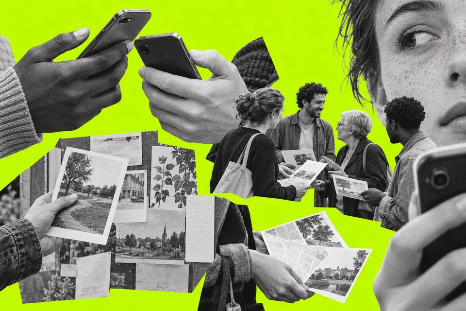 Illustration générée par IA : collage de mains tenant des téléphones et de personnes échangeant, en noir et blanc sur fond vert vif.