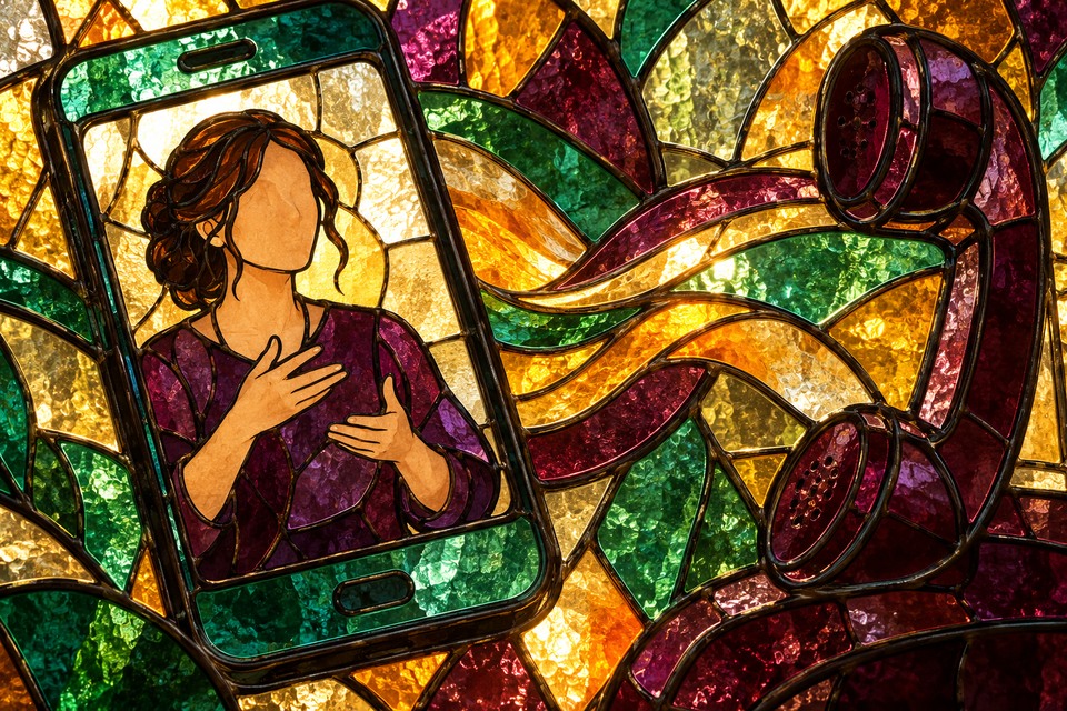 Vitrail imaginaire généré par IA : un interprète sur un smartphone relié à un combiné téléphonique par des rubans colorés.