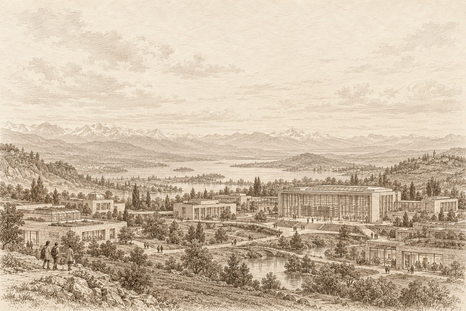Gravure sépia imaginaire générée par IA : plusieurs laboratoires reliés autour d’un bâtiment commun dans un vaste paysage.
