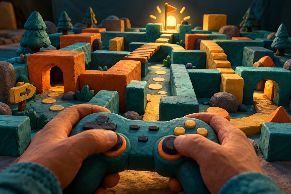 Diorama imaginaire généré par IA : des mains en pâte à modeler tiennent une manette devant un labyrinthe coloré.