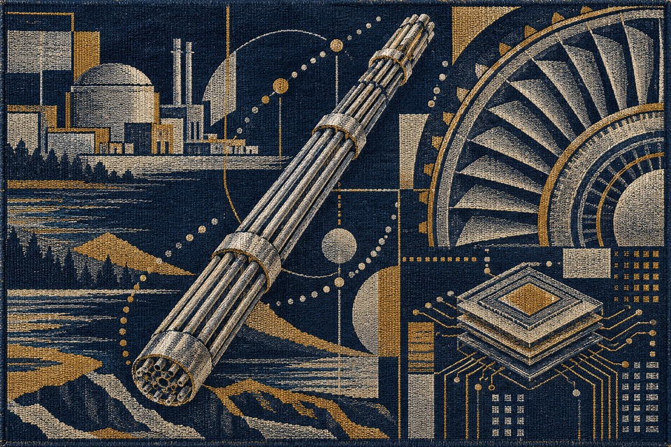 Tapisserie conceptuelle générée par IA en fils indigo, argent et ocre : une barre, une turbine et une puce évoquent trois usages de l’hafnium.