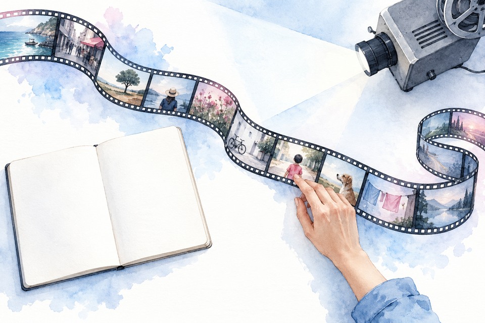 Aquarelle imaginaire générée par IA : une main désigne une image sur une pellicule près d’un projecteur et d’un carnet ouvert.