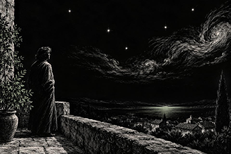 Personnage anonyme sur une terrasse devant un ciel imaginaire aux étoiles et aux volutes gravées en blanc sur fond noir.