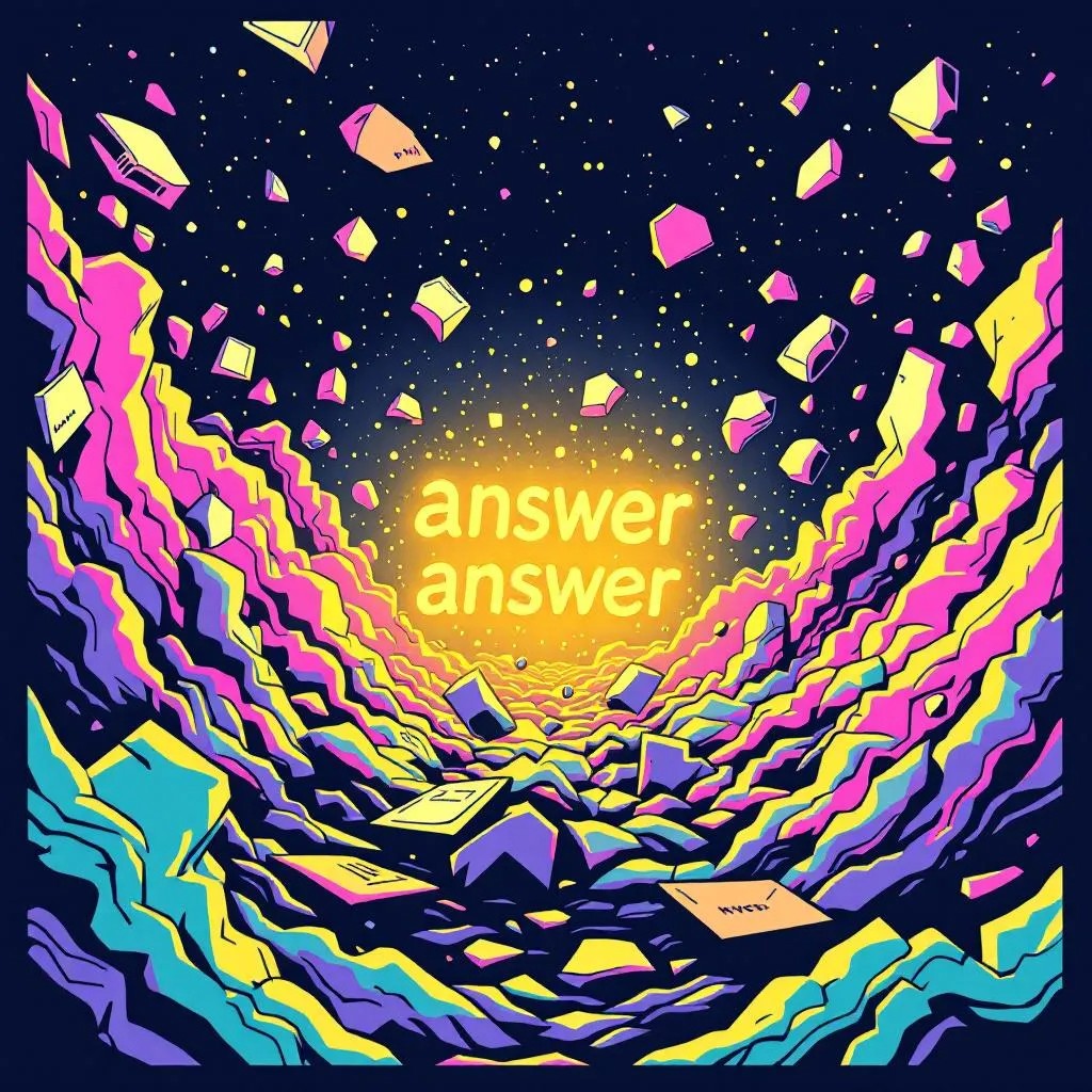 Tunnel visuel psychédélique avec "answer answer" lumineux, couleurs vives sur fond sombre